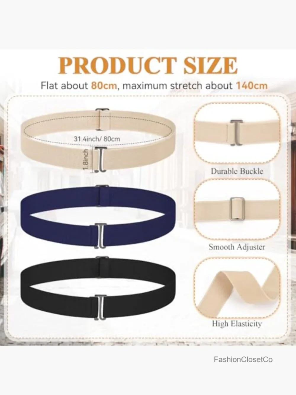 3 Pack No Show Stretch Belts with Flat Buckle, Adjustable Elastic Waist Belts